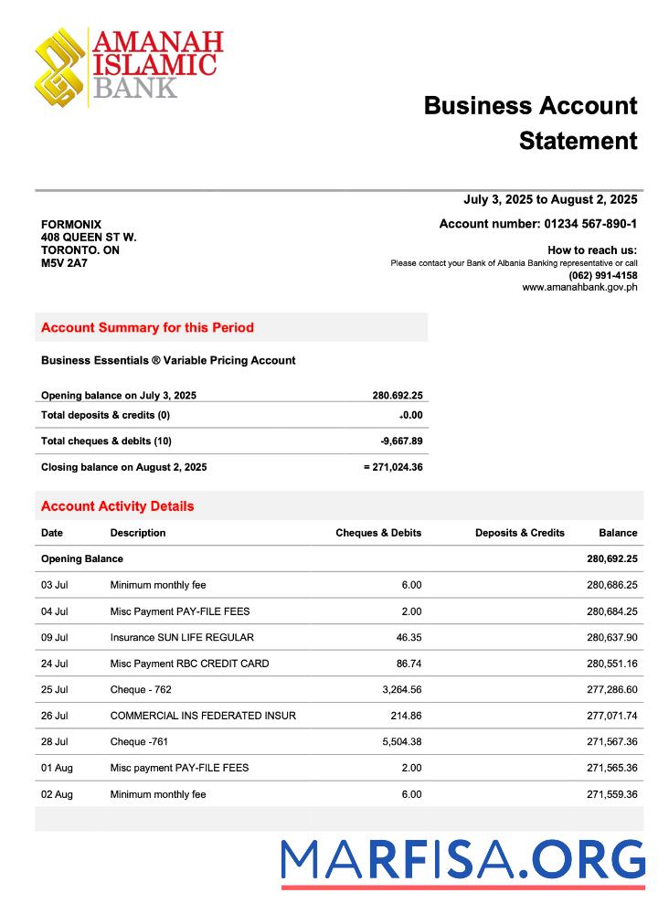 Printable Philippines Al Amanah Islamic Investment enterprise statement Word and PDF format example